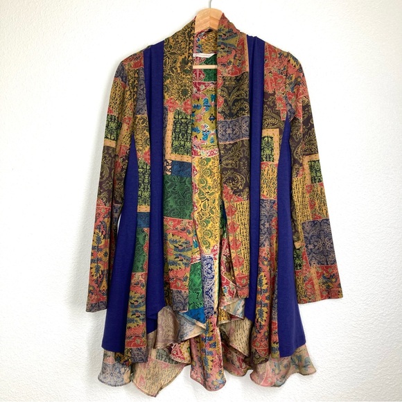 Soft Surroundings Izmir topper Cardigan M Open front Cascade Waterfall Patchwork - Picture 1 of 16